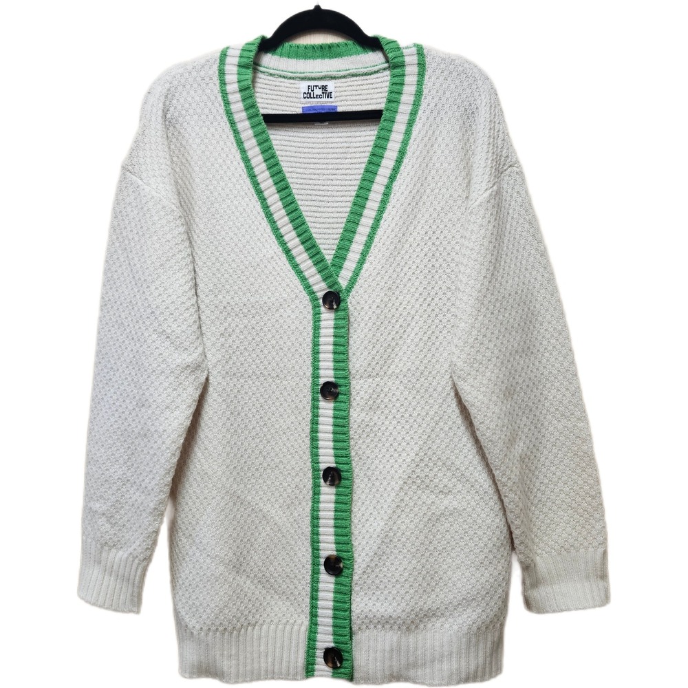 Future Collective Kahlana Barfield Brown Varsity Cardigan Cream Green Women's L